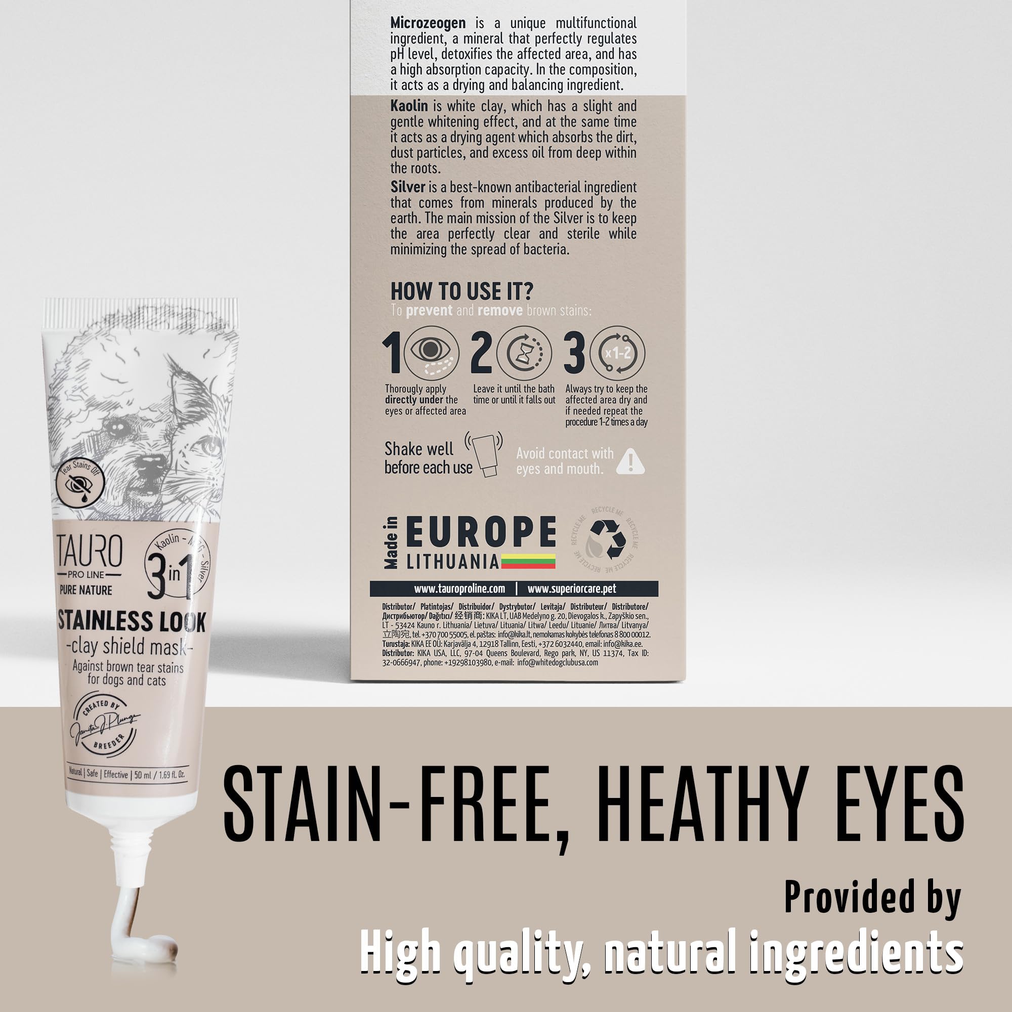 Tauro Pro Line before-after montage highlights stain reduction from routine care.