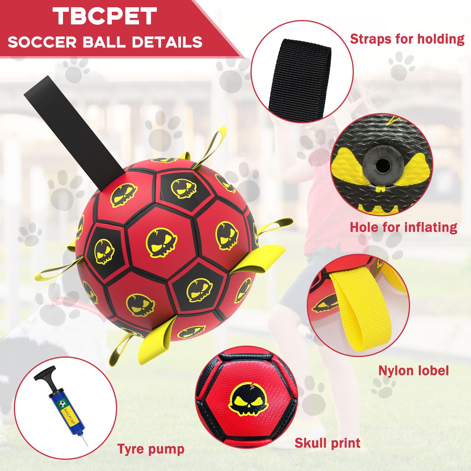 TBC PET ball with straps promotes interactive fetch and tug sessions