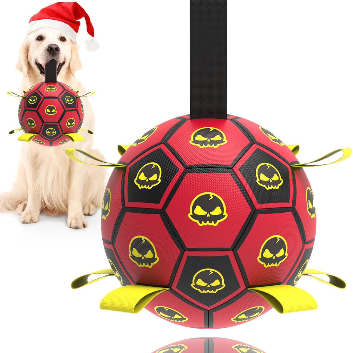 TBC PET soccer ball with straps ready for fetch and tug play outdoors