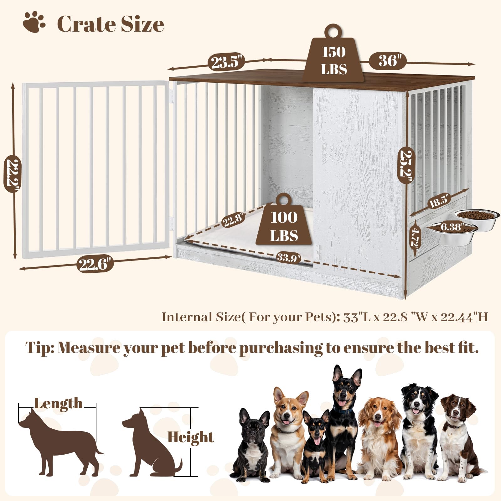 TBWIND dog crate furniture interior view highlights spacious interior for large dogs.