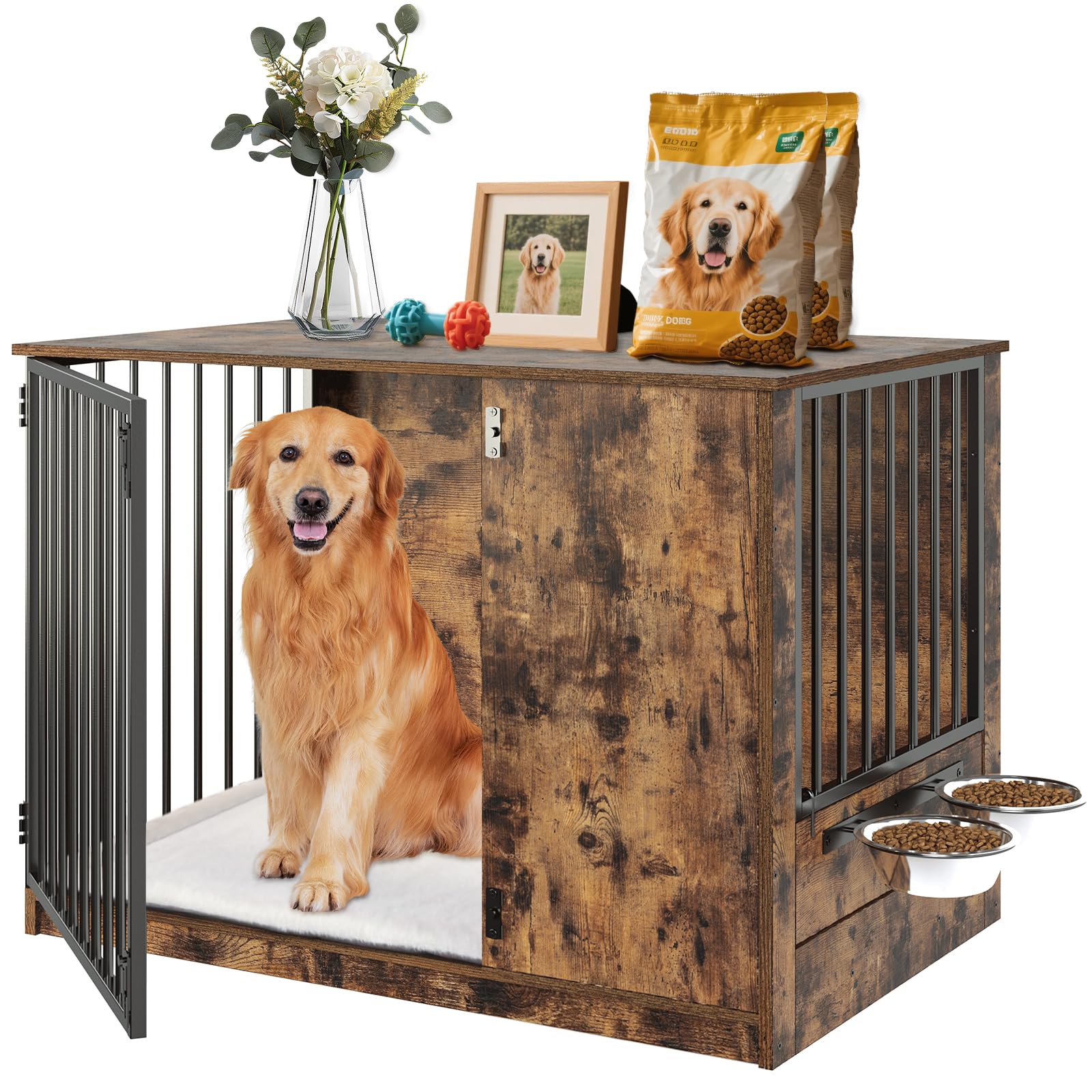 TBWIND dog crate furniture side table rustic brown provides stylish storage and a cozy dog nook.