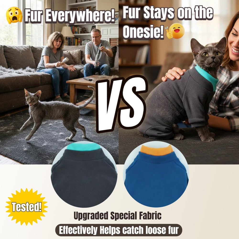 T'CHAQUE cat onesie highlights hair-catching fabric for cleaner spaces.