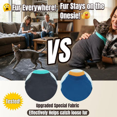 T'CHAQUE cat onesie highlights hair-catching fabric for cleaner spaces.