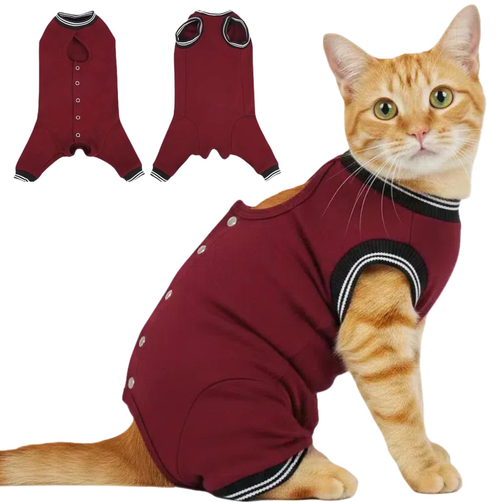 tchaque cat recovery suit burgundy front view showing snug post-op protection