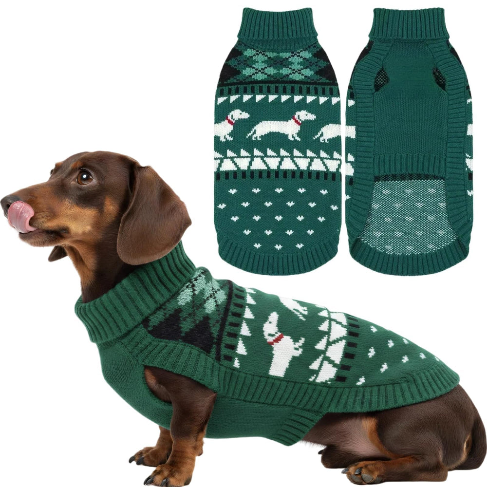 T'CHAQUE Christmas dachshund sweater green front view for festive warmth