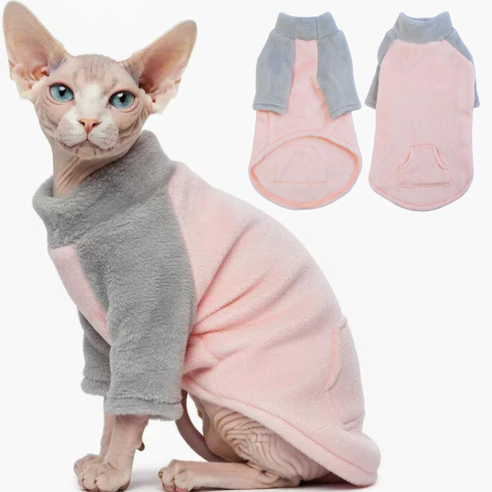 T'CHAQUE Sphynx clothes plush fabric closeup shows soft warmth for sensitive skin.