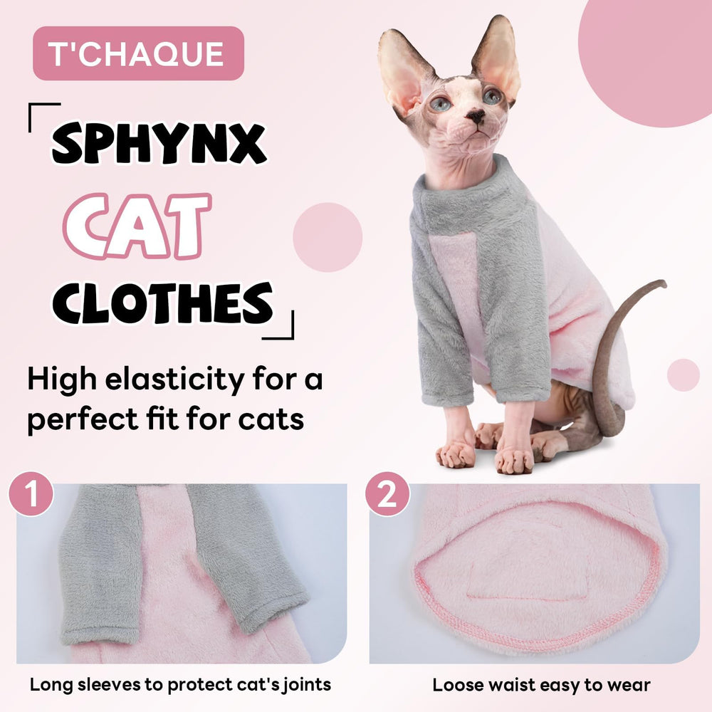 T'CHAQUE Sphynx winter pajama hoodie on cat demonstrates cozy coverage.
