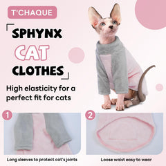 T'CHAQUE Sphynx winter pajama hoodie on cat demonstrates cozy coverage.