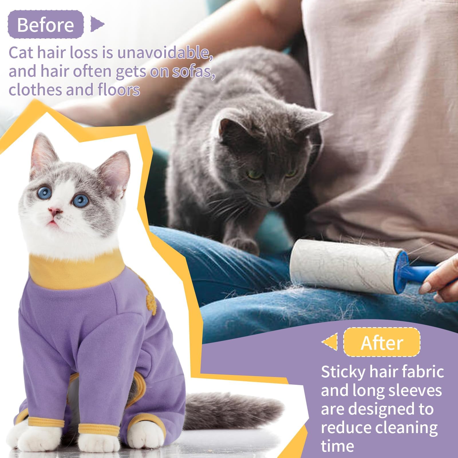 T'CHAQUE Sticky Hair Cat Onesie back view covers fur to minimize shedding.