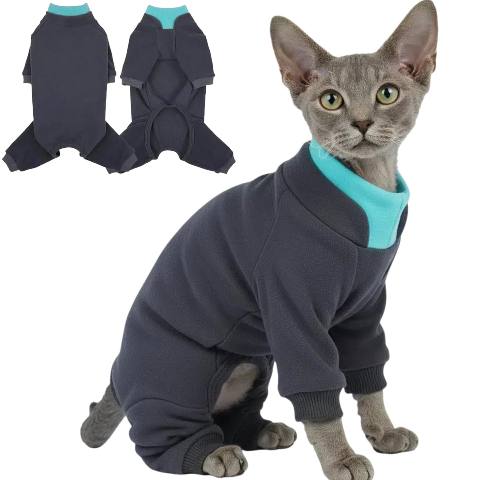 T'CHAQUE Sticky Hair Cat Onesie front view reduces shedding and keeps fur tidy.