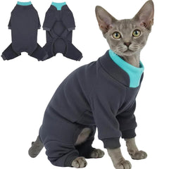 T'CHAQUE Sticky Hair Cat Onesie front view reduces shedding and keeps fur tidy.
