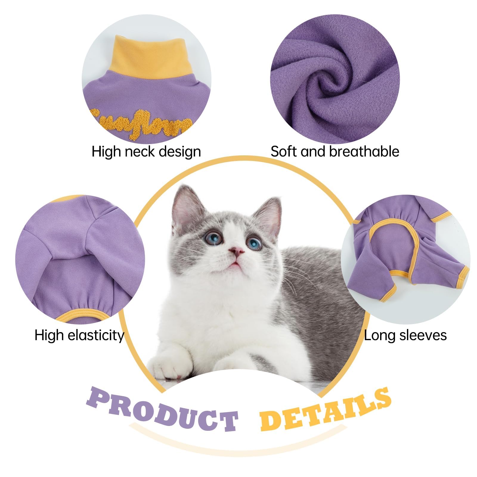 T'CHAQUE Sticky Hair Cat Onesie on-cat sleeping demonstrates cozy recovery clothing.