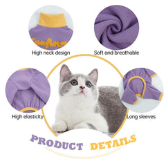 T'CHAQUE Sticky Hair Cat Onesie on-cat sleeping demonstrates cozy recovery clothing.