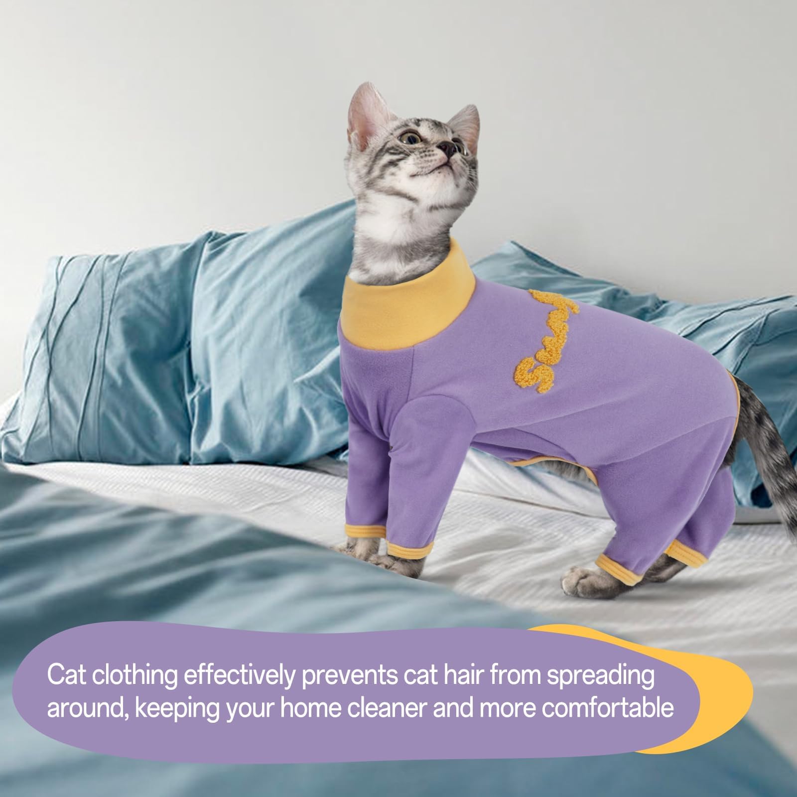 T'CHAQUE Sticky Hair Cat Onesie during recovery supports wound protection and licking prevention.