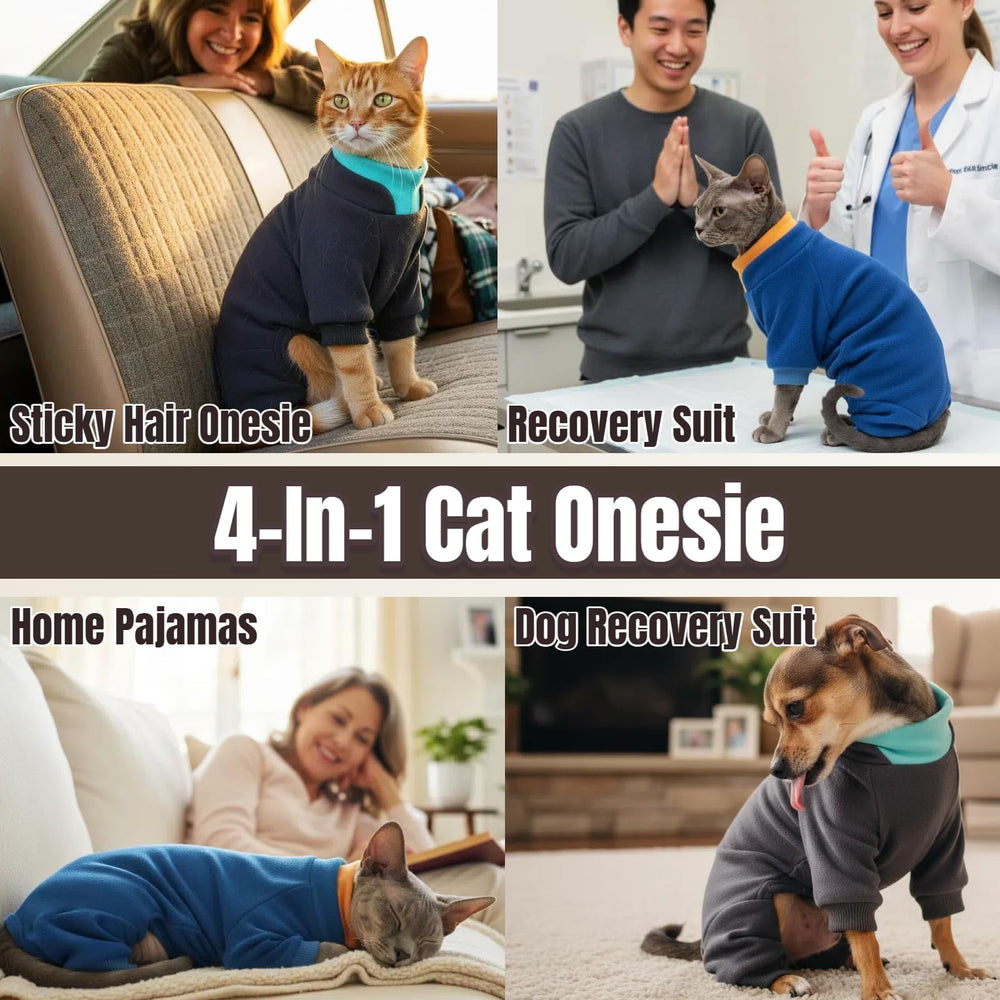 T'CHAQUE Sticky Hair Cat Onesie supports recovery with wound protection.