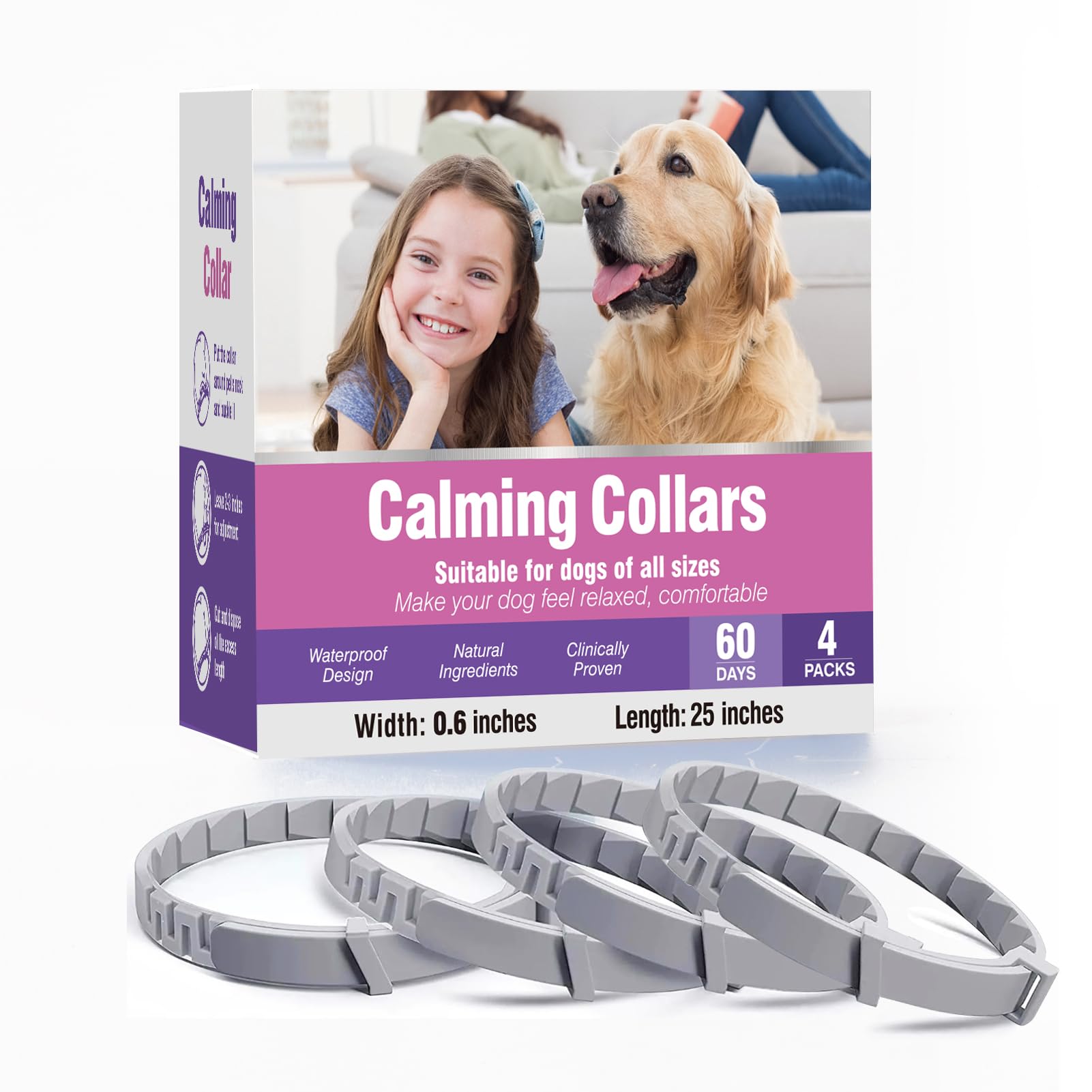 Tcllka calming collar packaging closeup demonstrates ready-to-use pheromone collar for calm visits.