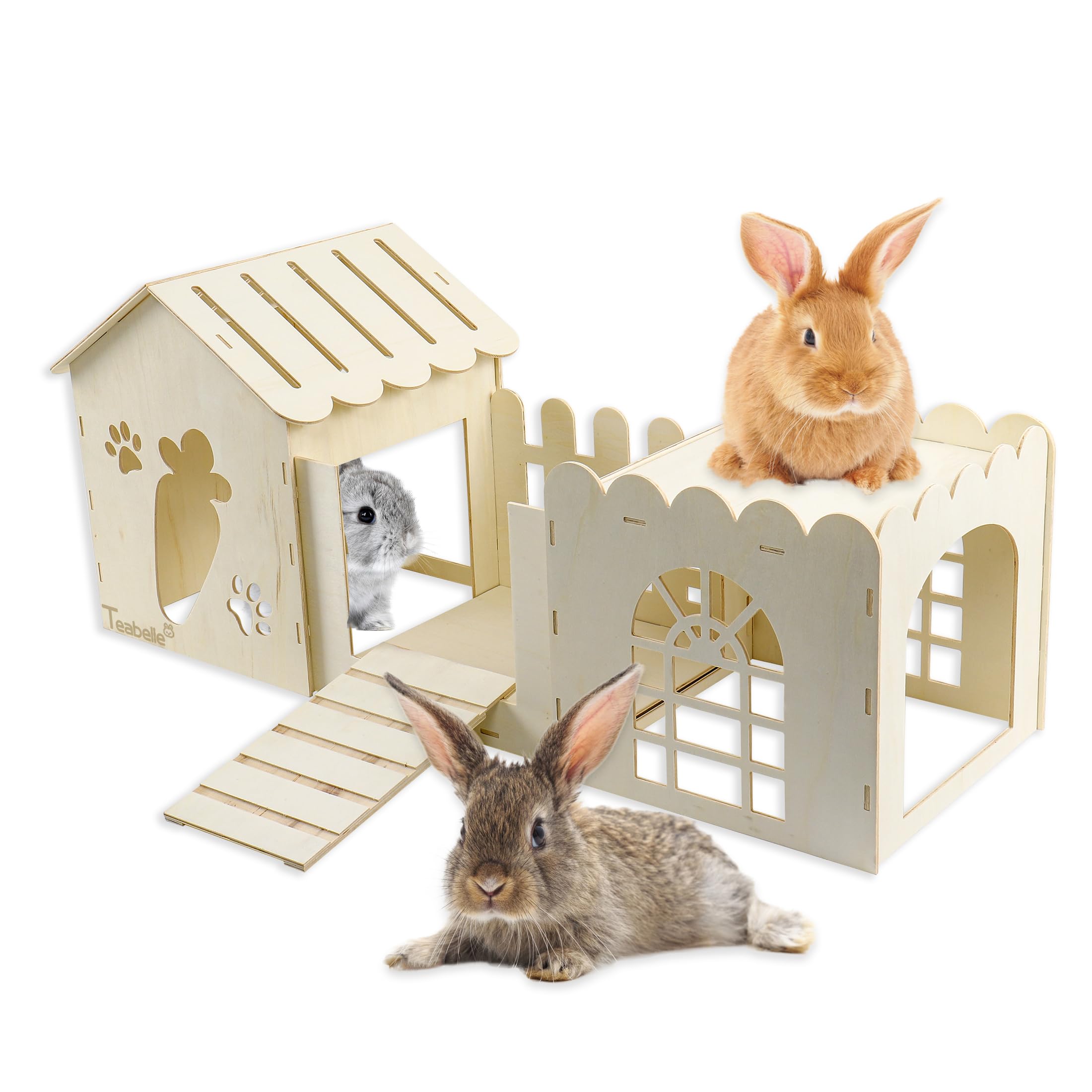 Teabelle large rabbit wooden hideout outer view shows spacious play space for bunnies.