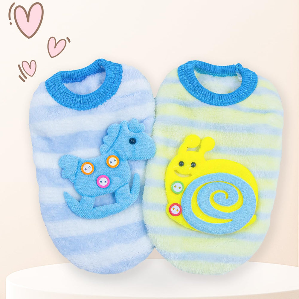 Teacup Dog Sweater blue snails back view offering warm, secure fit.