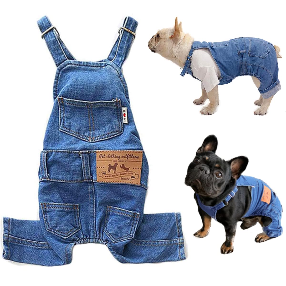 Tealots dog denim overalls front view, stylish daily wear for small and medium dogs.