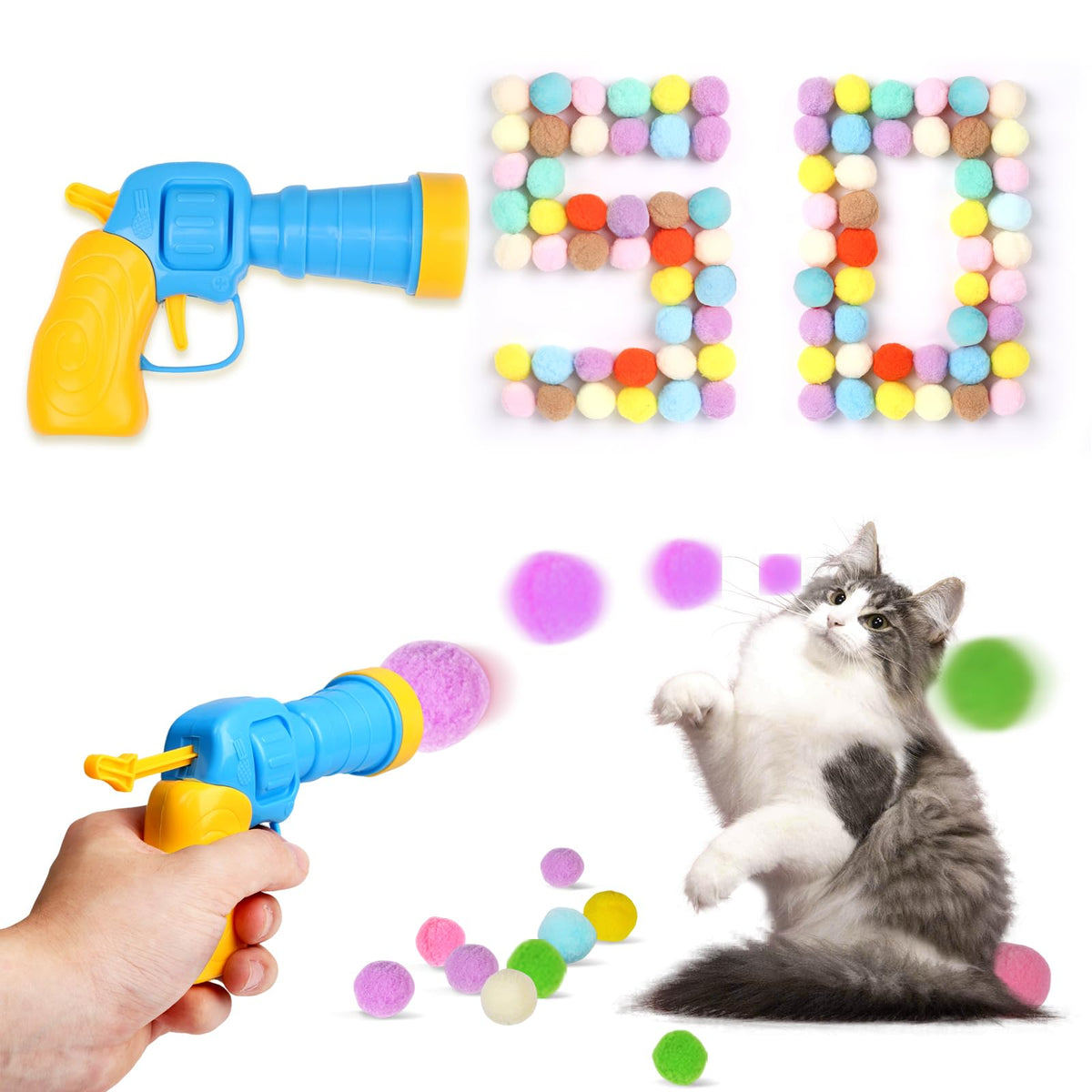 TEAWOO cat toys pom-pom launcher demonstrates a 7-meter reach for dynamic indoor play.