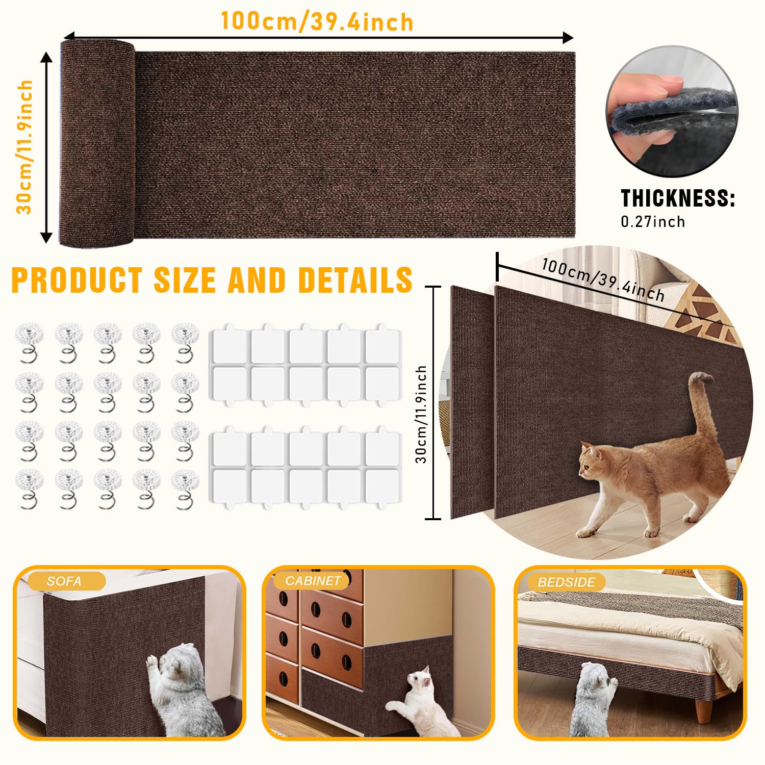 TEBANTY cat scratch mat adhesive-back demonstrates quick stick installation without tools