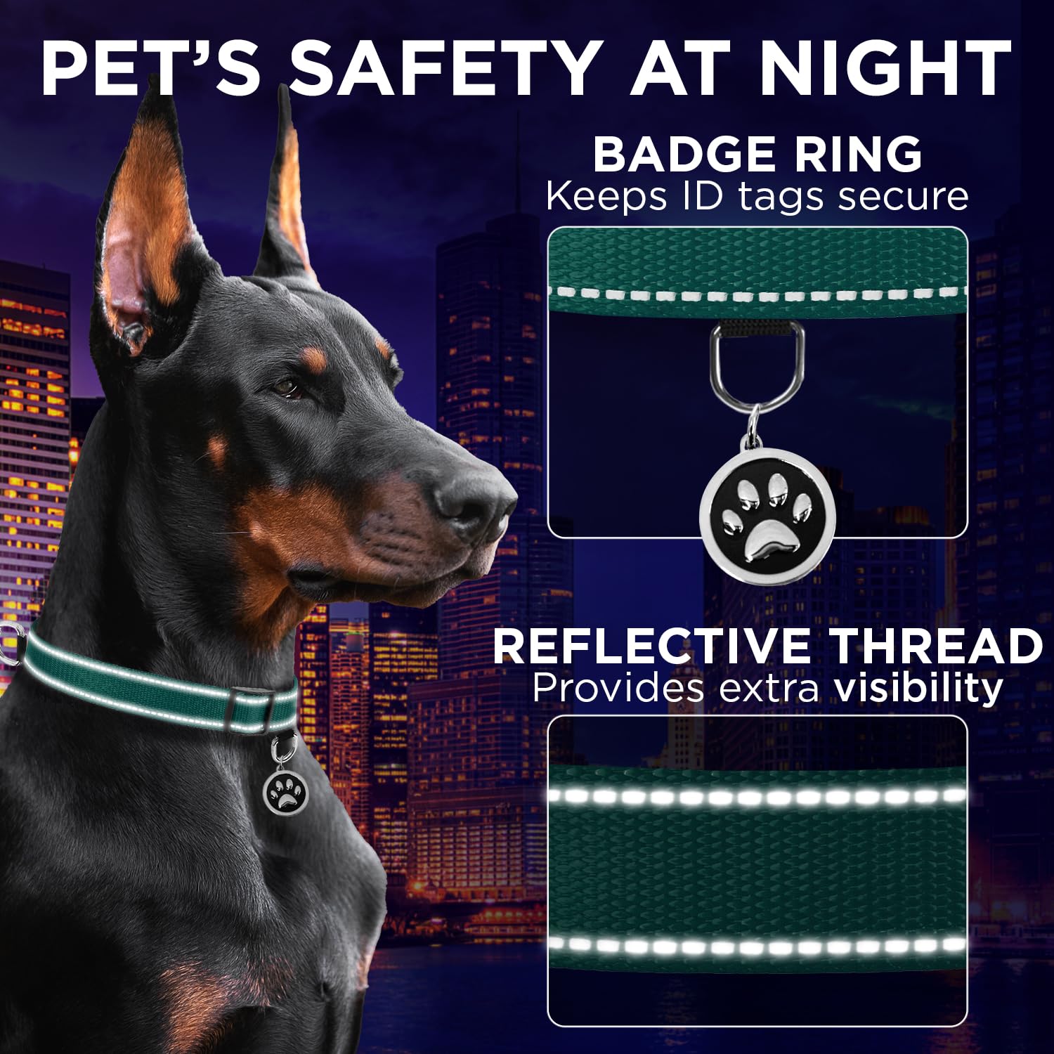 TECEUM Reflective Collar shows reflective threads that glow for night-time visibility.