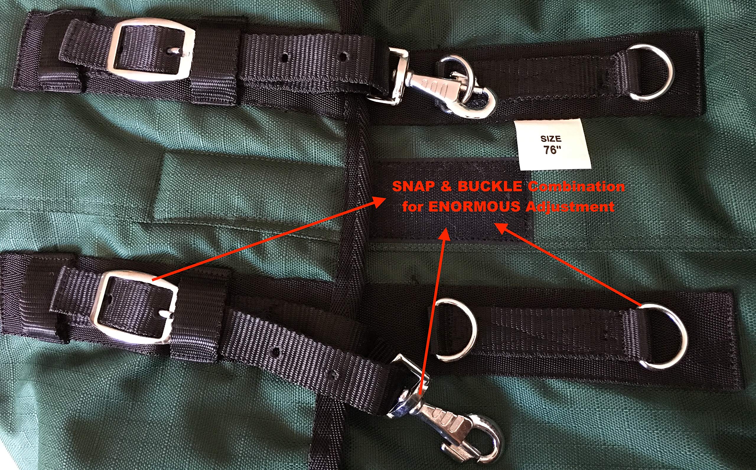 Tech Equestrian rain sheet leg straps and tail area ensure secure turnout.