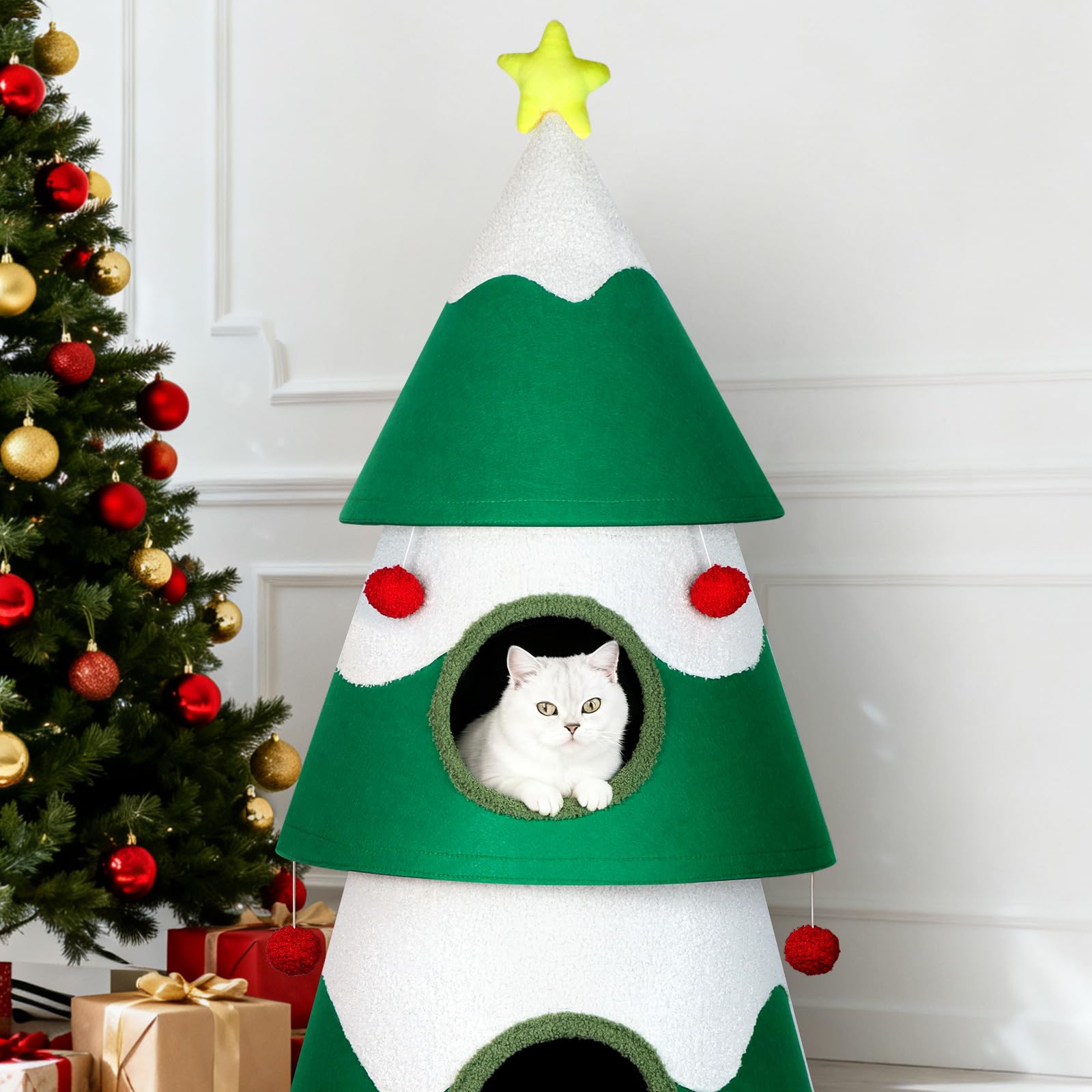 TECHTAIL cat tree ornaments and design provide holiday-themed enrichment.