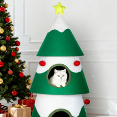 TECHTAIL cat tree ornaments and design provide holiday-themed enrichment.