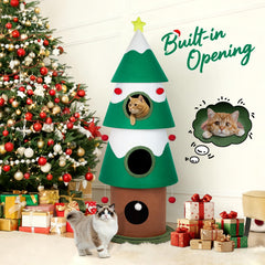 TECHTAIL Christmas cat tree top star and ornaments enhance festive ambiance.
