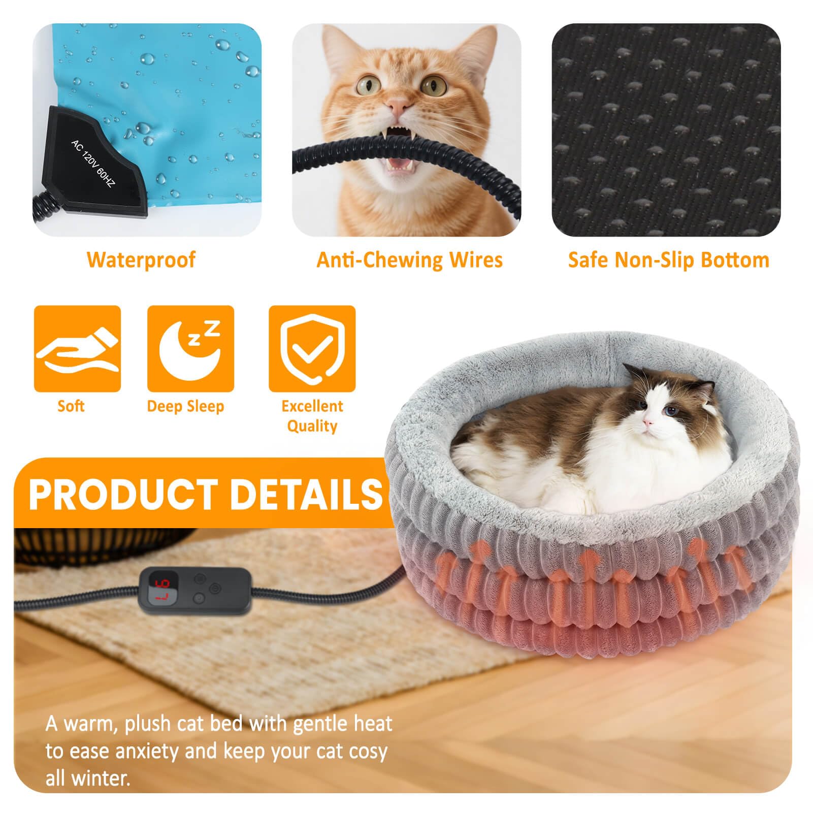 TECHTAIL round-edge cat bed features soft cotton edges for neck and head support