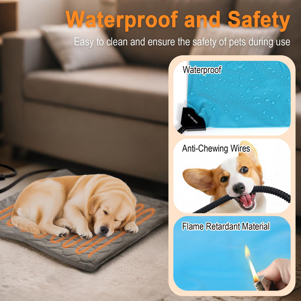 TechTail pet heating pad showing adjustable temperature for cats and dogs of all sizes.