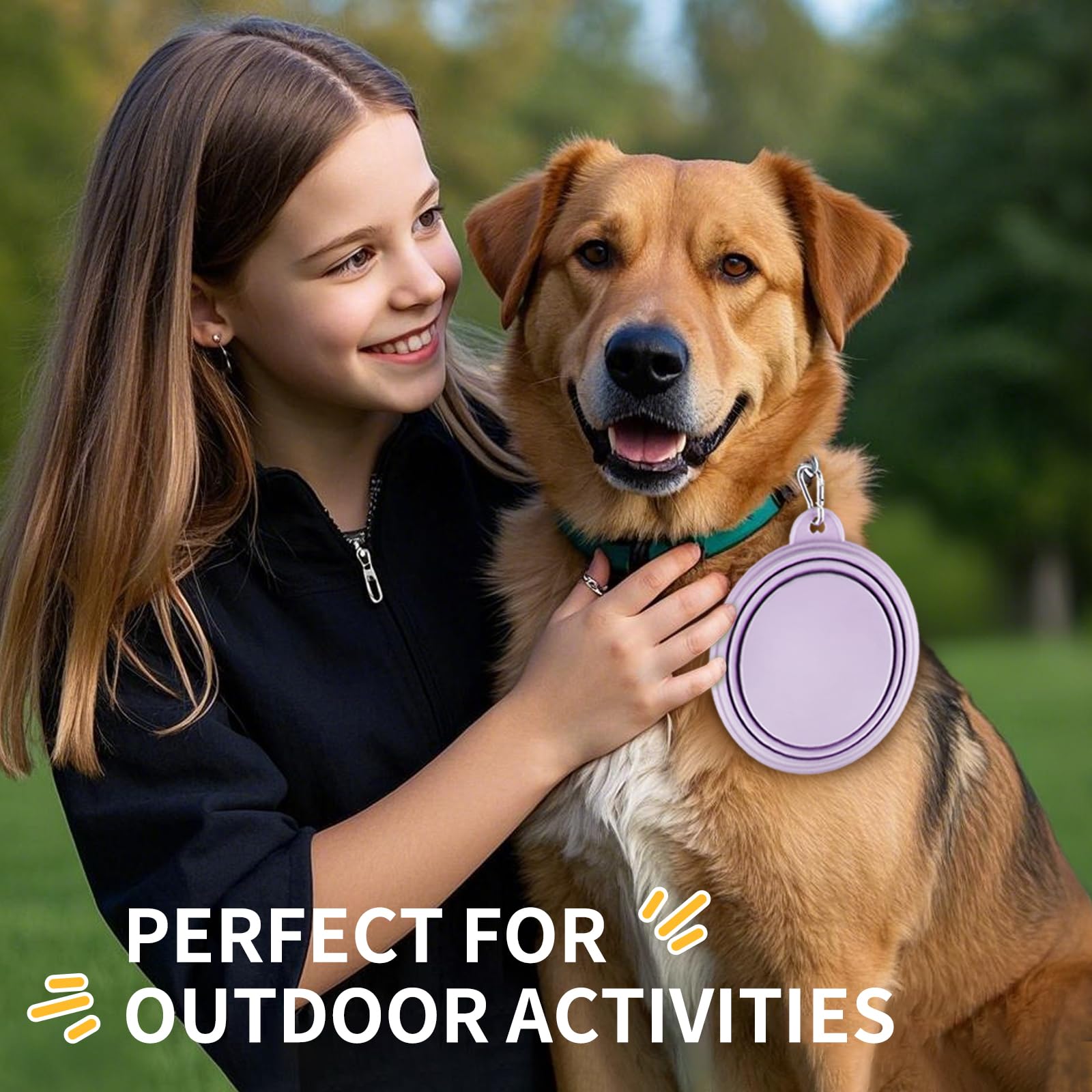TECOPH collapsible dog bowl in-use during outdoor hike or home snack time.