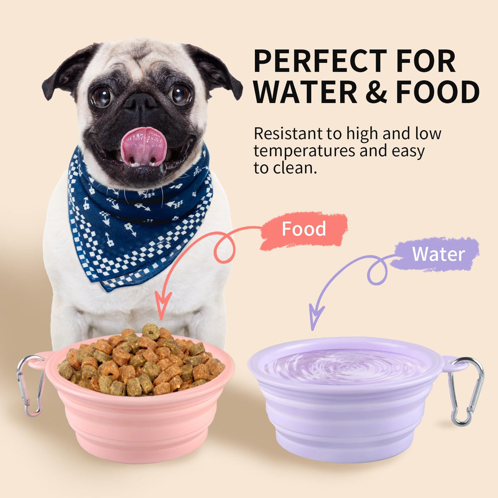 TECOPH collapsible dog bowl with carabiner attached to leash for hands-free transport.