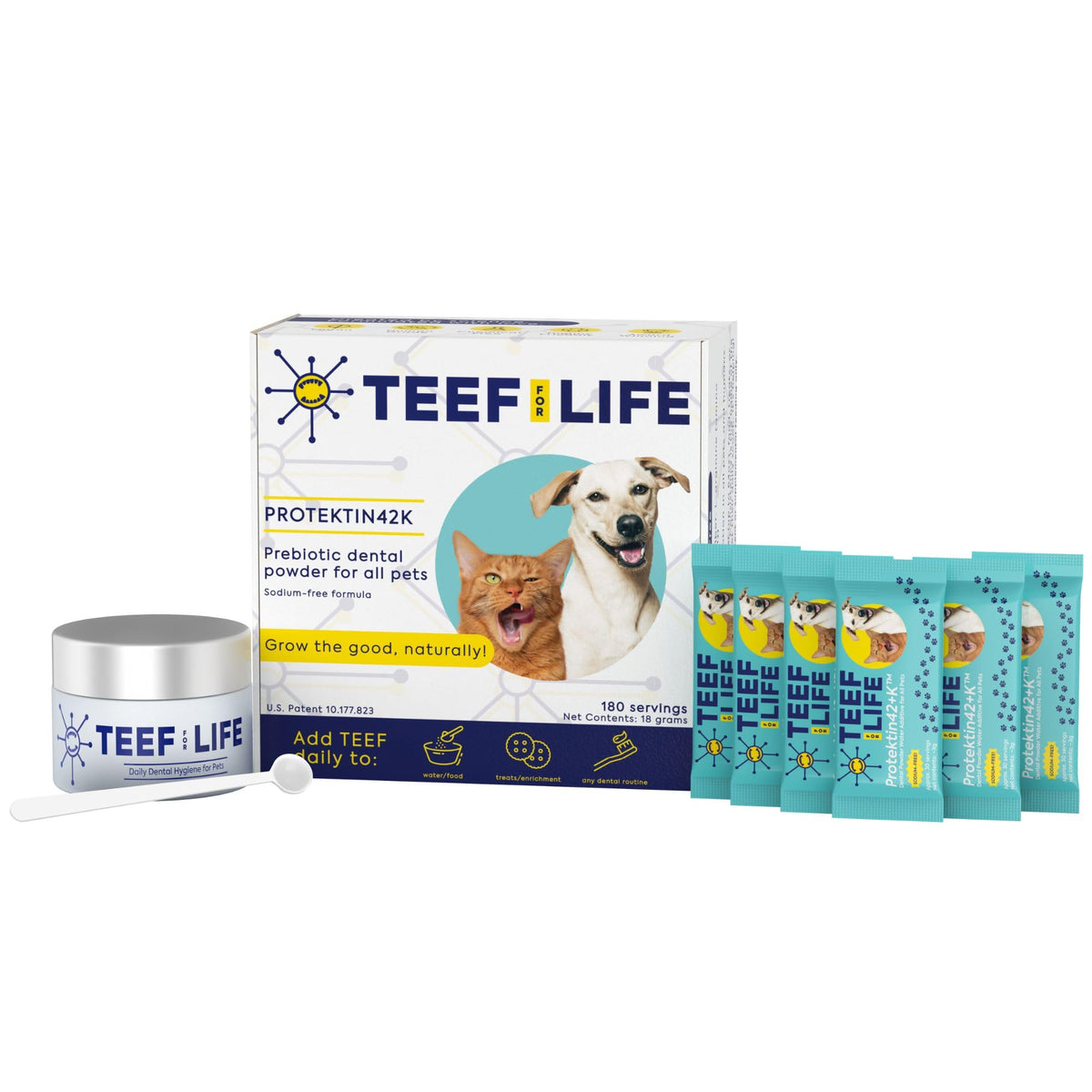 TEEF FOR LIFE Protektin42K packaging front highlights sodium-free pet dental care.