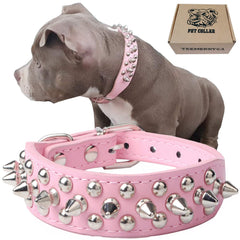 TEEMERRYCA adjustable pink leather spiked collar close-up highlighting durable construction for daily wear.