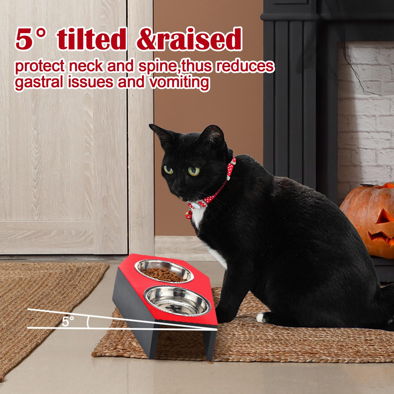 Teenyyou elevated wooden feeder stand shows 5-degree tilt for comfortable feeding