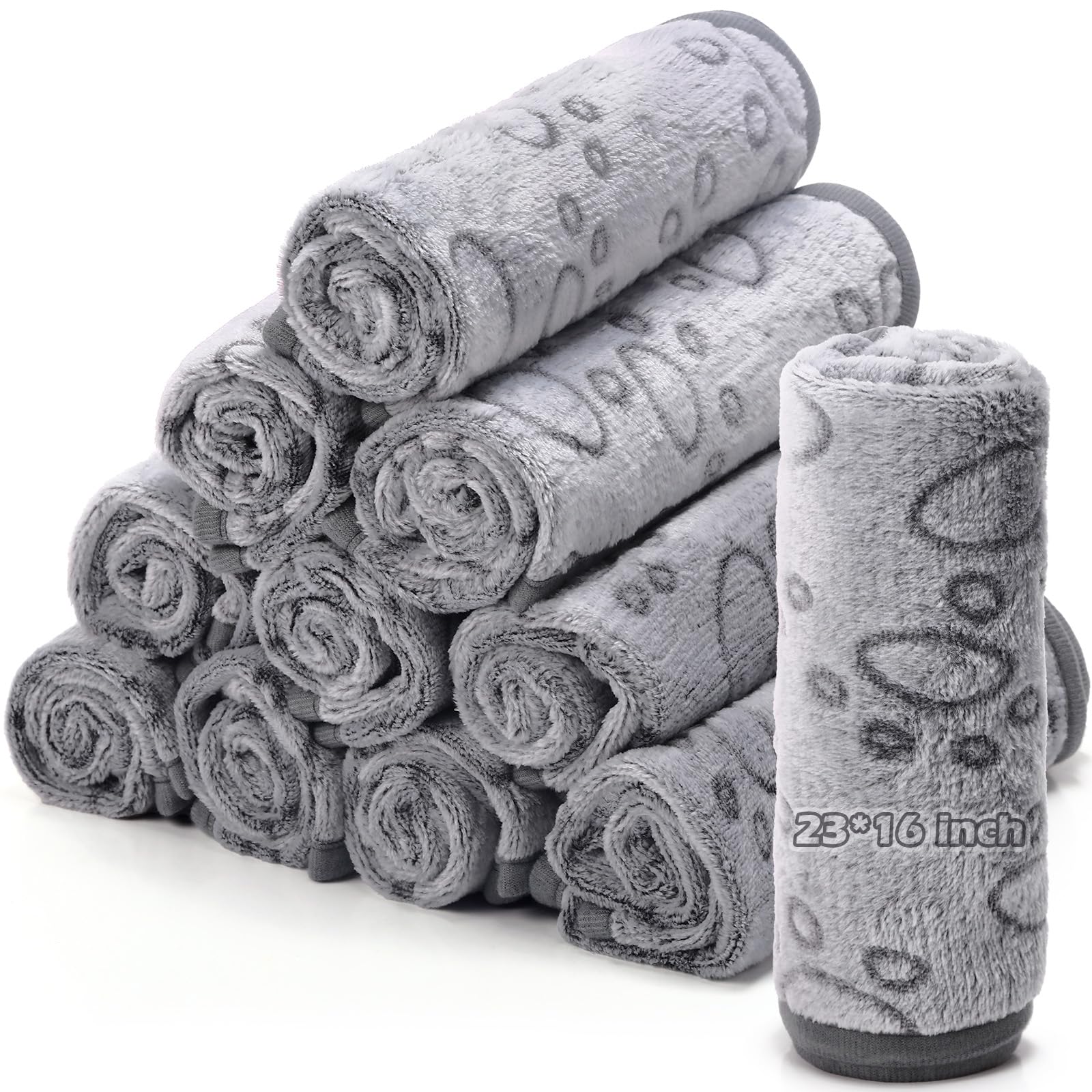 Tegeme 12-pcs pet blankets paw print gray folded for convenient daily use.
