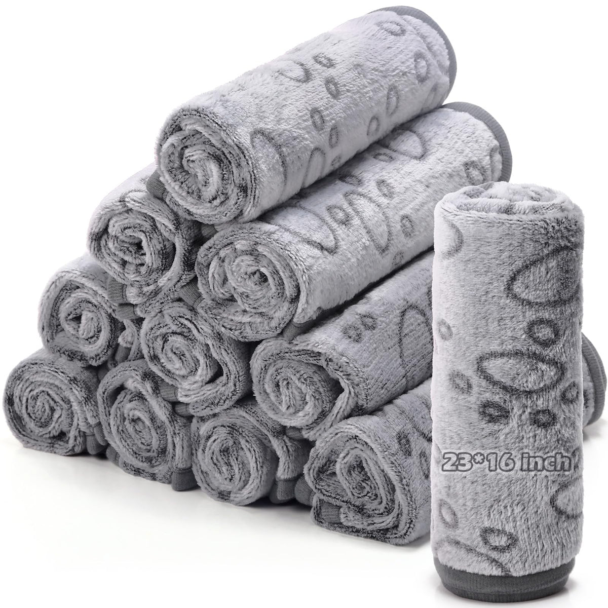 Tegeme 12-pcs pet blankets paw print gray folded for convenient daily use.