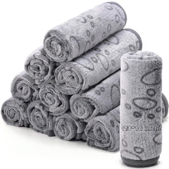Tegeme 12-pcs pet blankets paw print gray folded for convenient daily use.