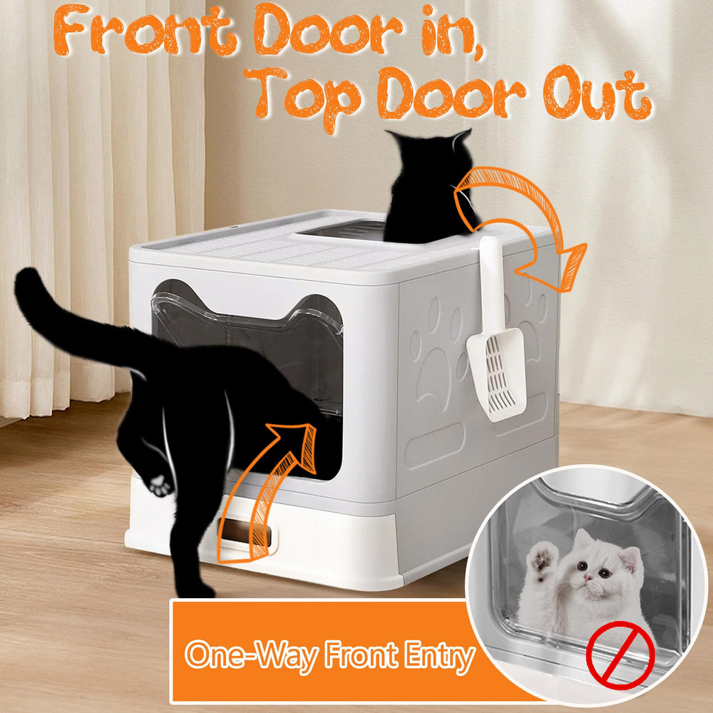 Tehoao enclosed litter box top exit promotes easy exit while minimizing mess