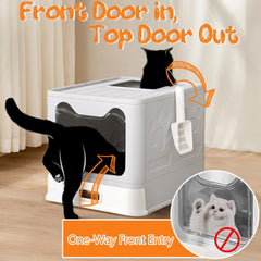 Tehoao enclosed litter box top exit promotes easy exit while minimizing mess