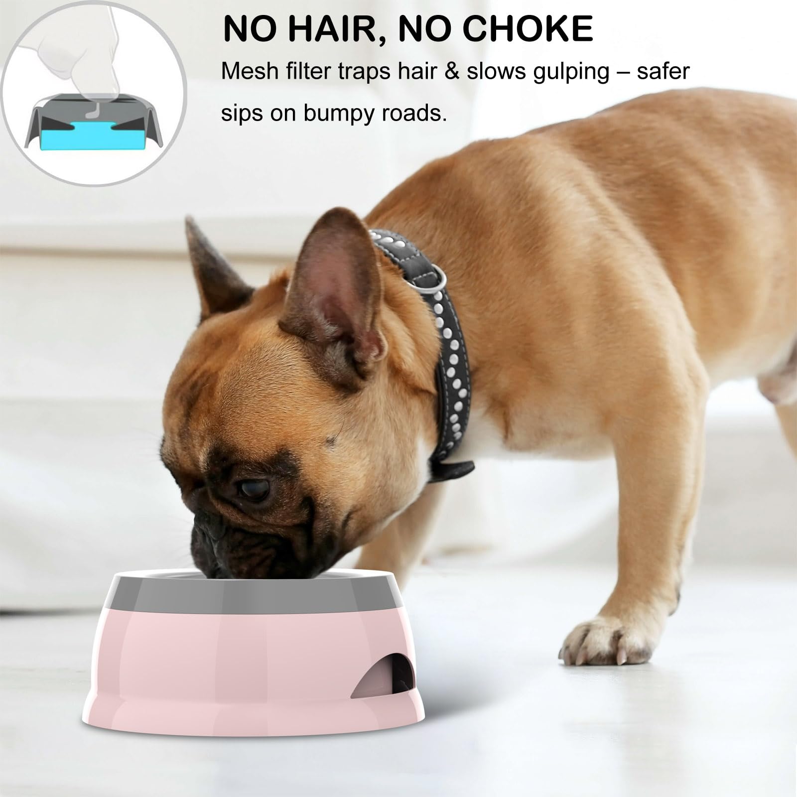 Tekcoo spill-proof double-defense design keeps water clean and floors dry during trips.