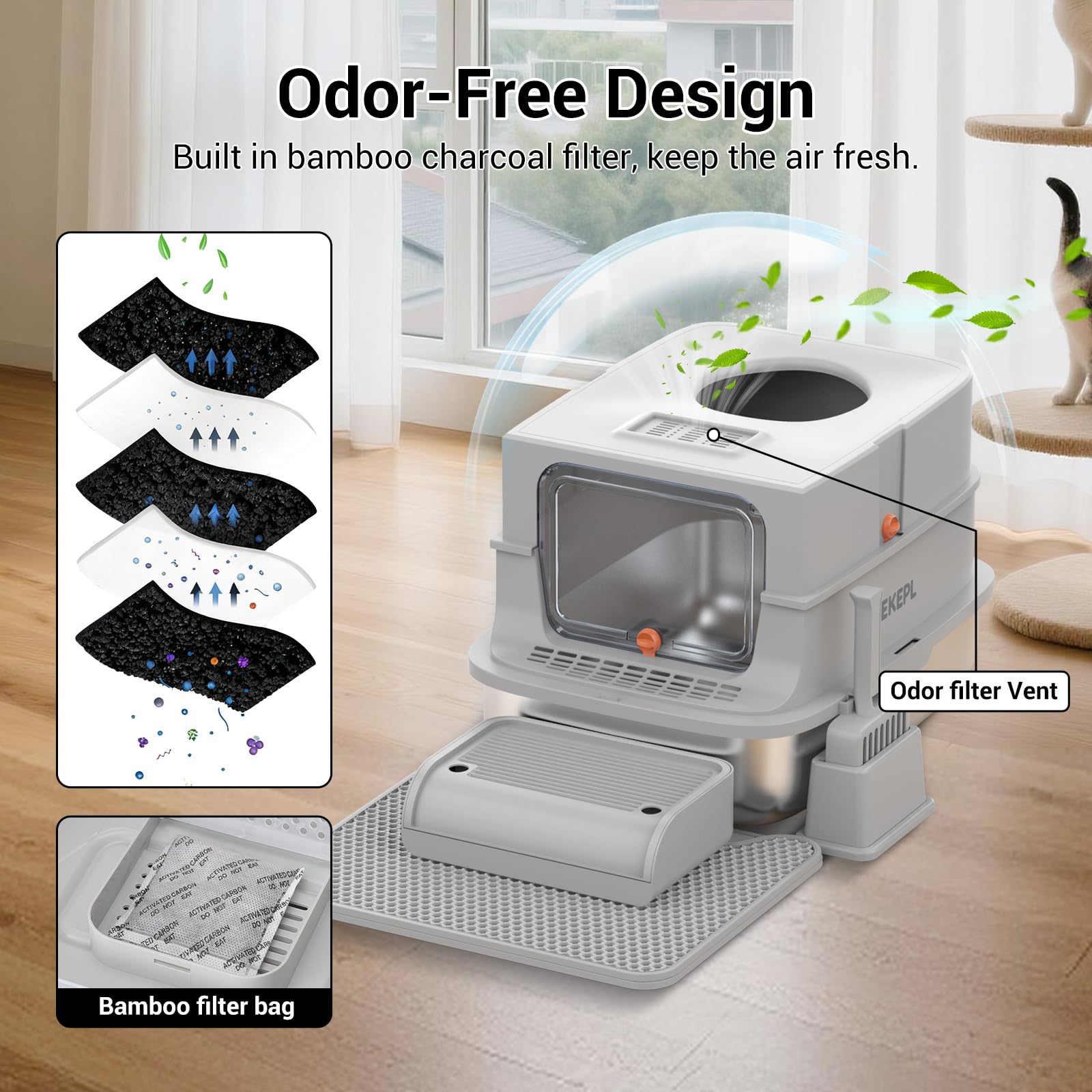 TEKEPL charcoal-filter odor-control feature demonstrates built-in air purification.