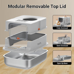TEKEPL stainless steel litter box side view highlights high walls for spill control.