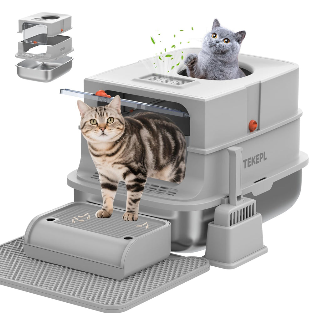 TEKEPL stainless steel litter box top-entry view reduces litter scatter for cleaner floors.