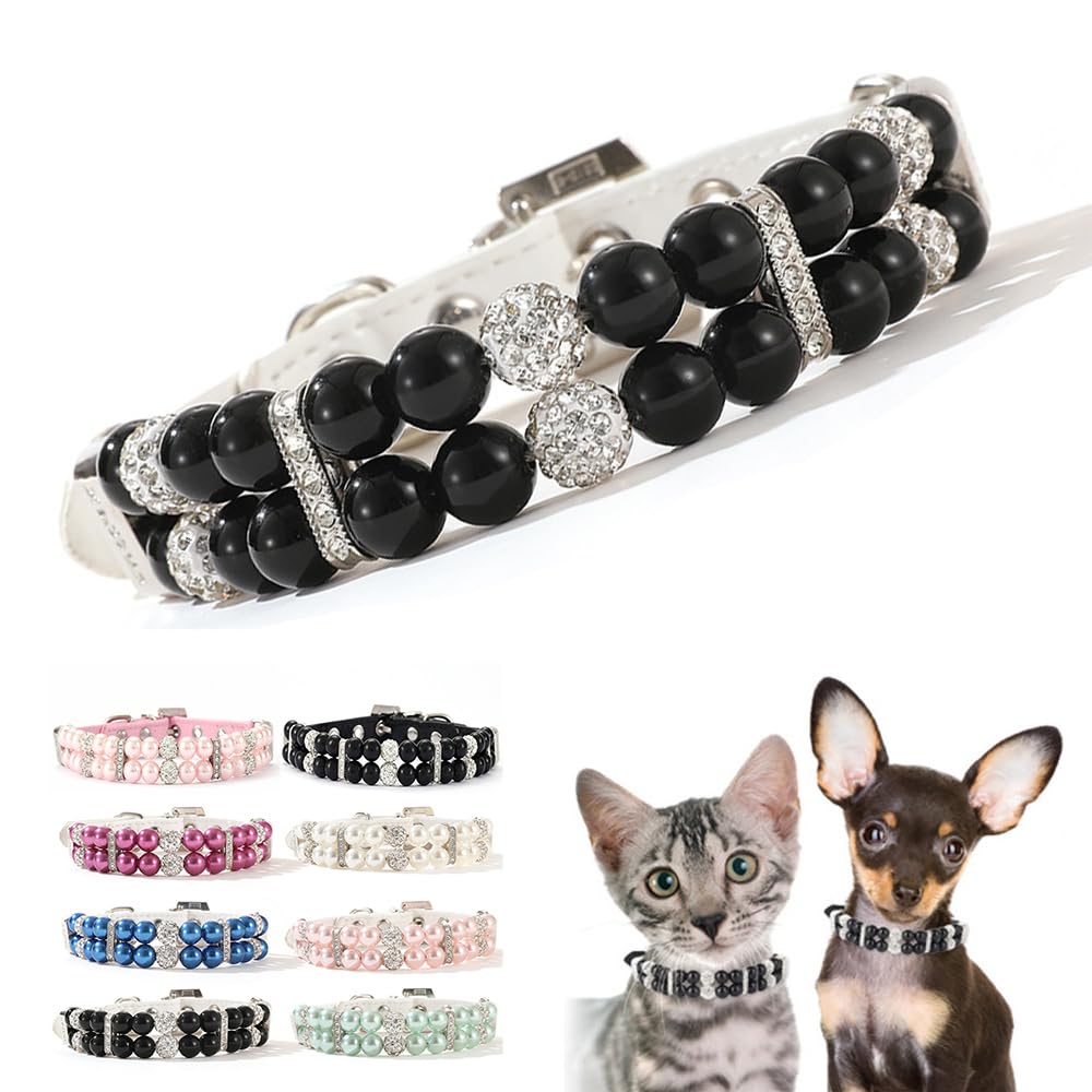 Teleyi Blackwhite dog pearl necklace main view showing rhinestone sparkle for festive photo moments