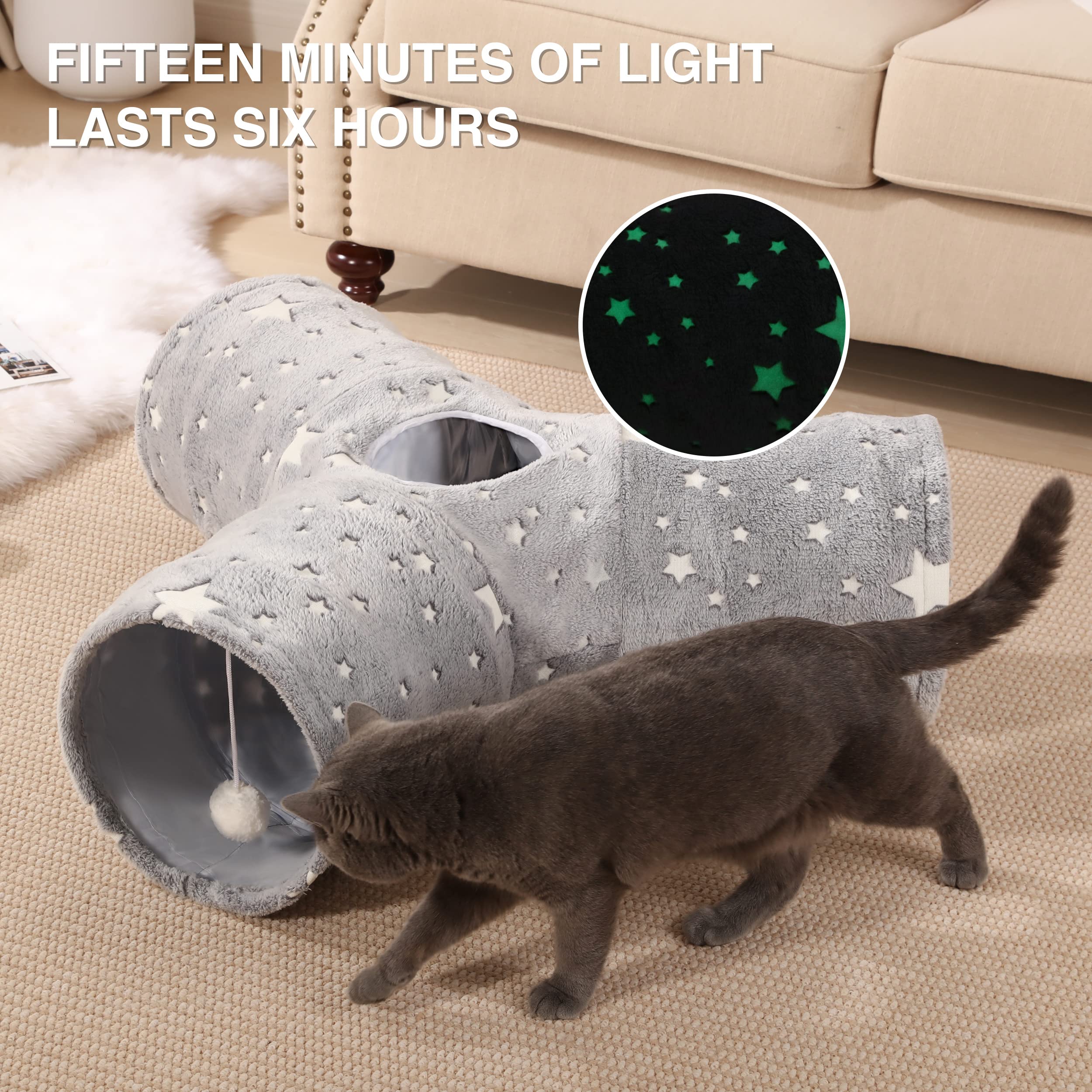 Tempcore cat tunnel glow feature, photoluminescent glow enhances night-time play.