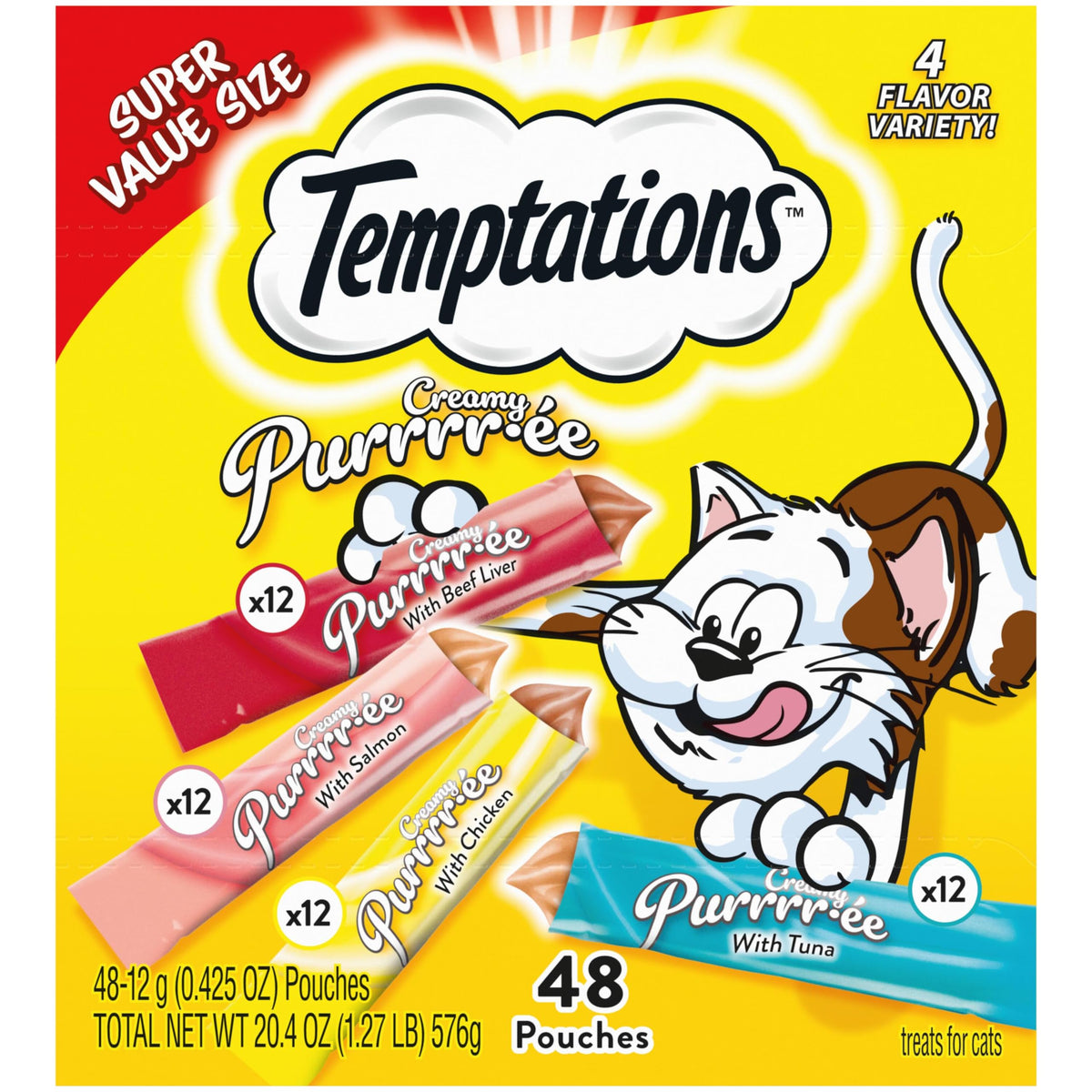 Temptations Creamy Puree beef liver tube close-up for irresistible flavor and real ingredients.