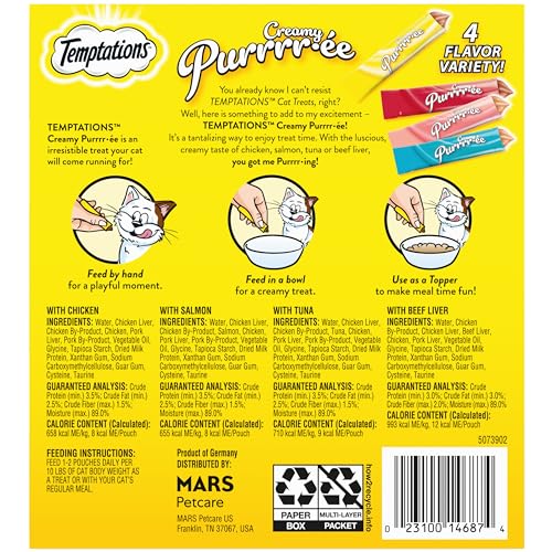 Temptations Creamy Puree chicken tube close-up highlights protein-rich flavor for cats.